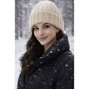 Lord & Taylor Spring + Mercer 100% Cashmere Beige Knit Beanie Hat Unisex OS NEW